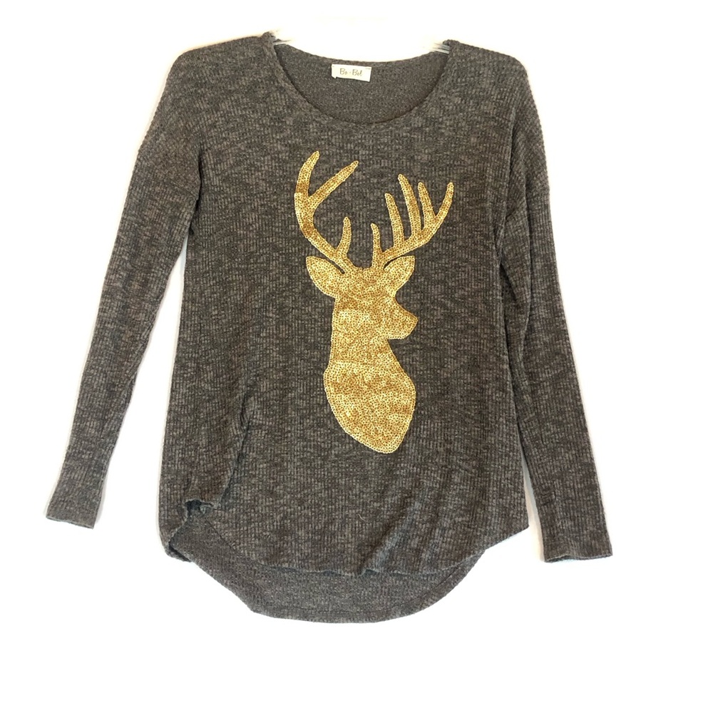 Bo-Bel Charcoal Gray Gold Sequin Reindeer Deer Long Sleeve Ribbed Top Small